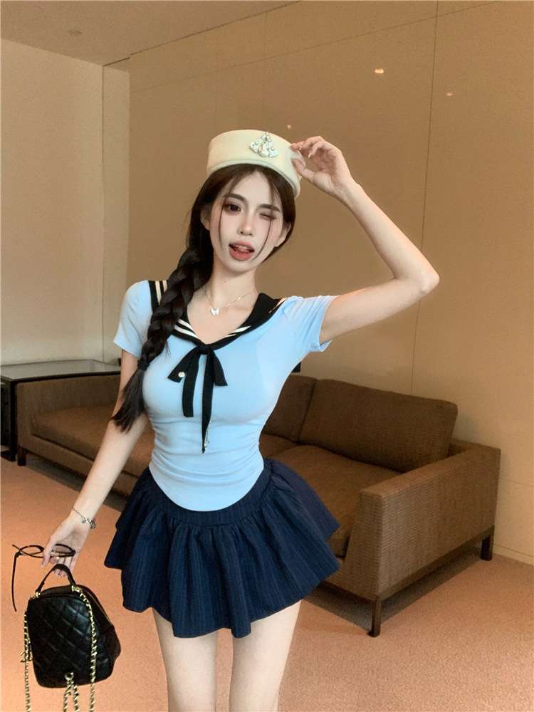 ネイビーコーデ マリン風リボン セーラー服制服 セットアップ