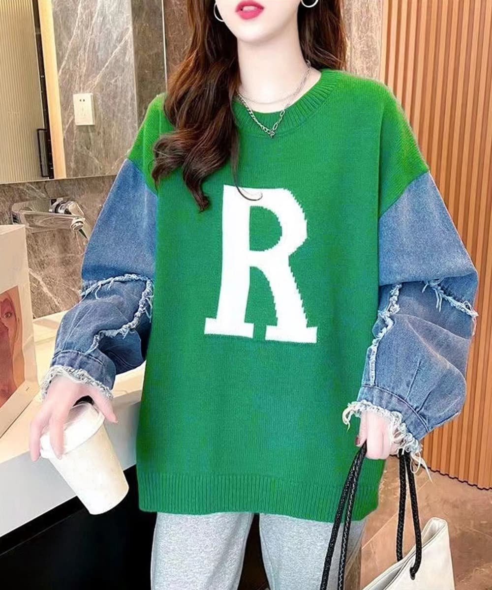 ネイビーコーデ 重ね着風ニットトップス デニム袖切り替えプルオーバー