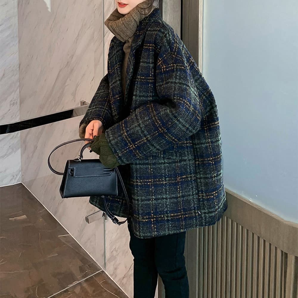 ネイビーコーデ ネイビー系チェック柄アウター レディース秋冬コート
