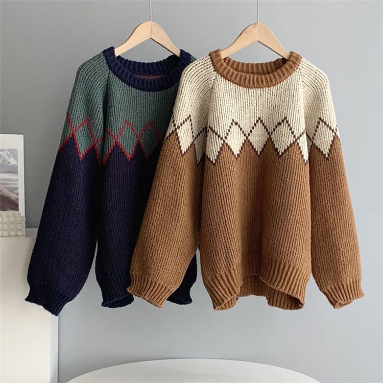 ネイビーコーデ 幾何学模様ニットセーター レトロ風トップス