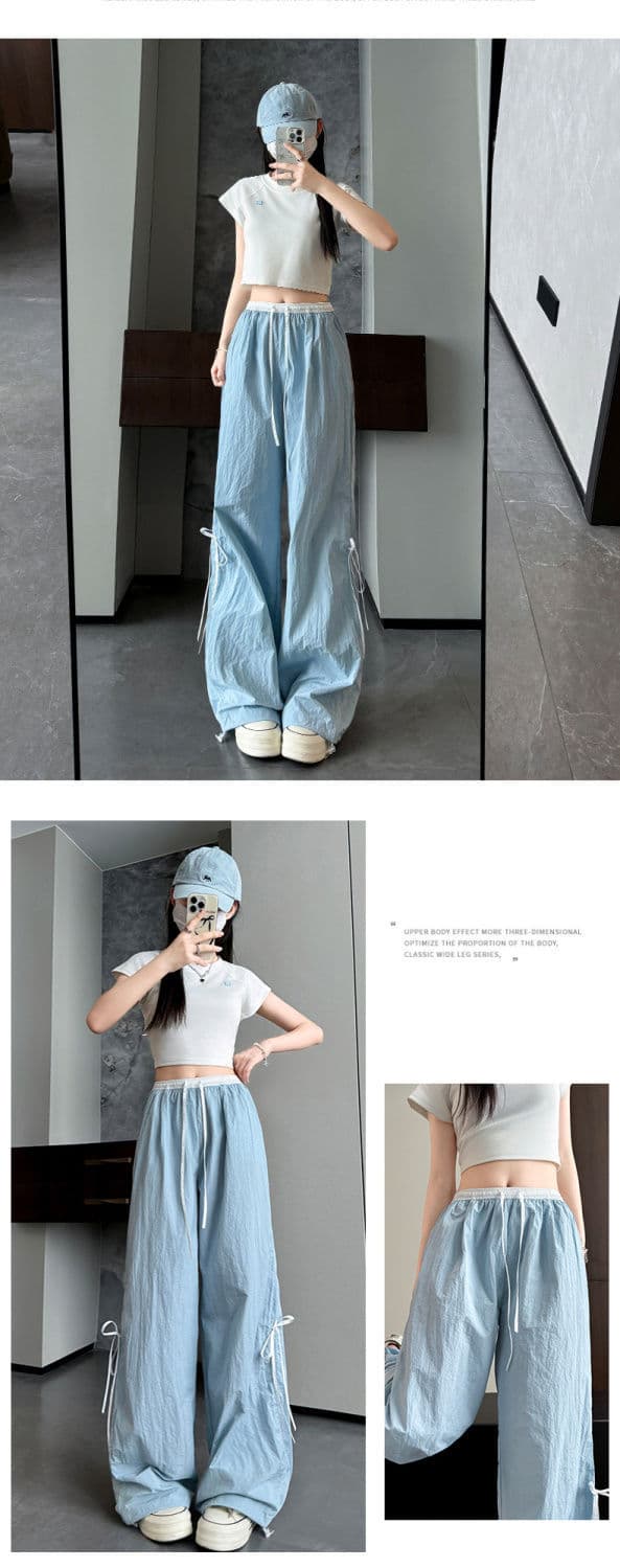 ネイビーコーデ リボンデザイン ワイドストレートパンツ