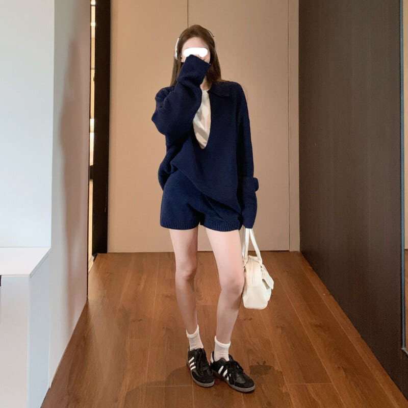 ネイビーコーデ ゆったりニットセットアップ 上下セット
