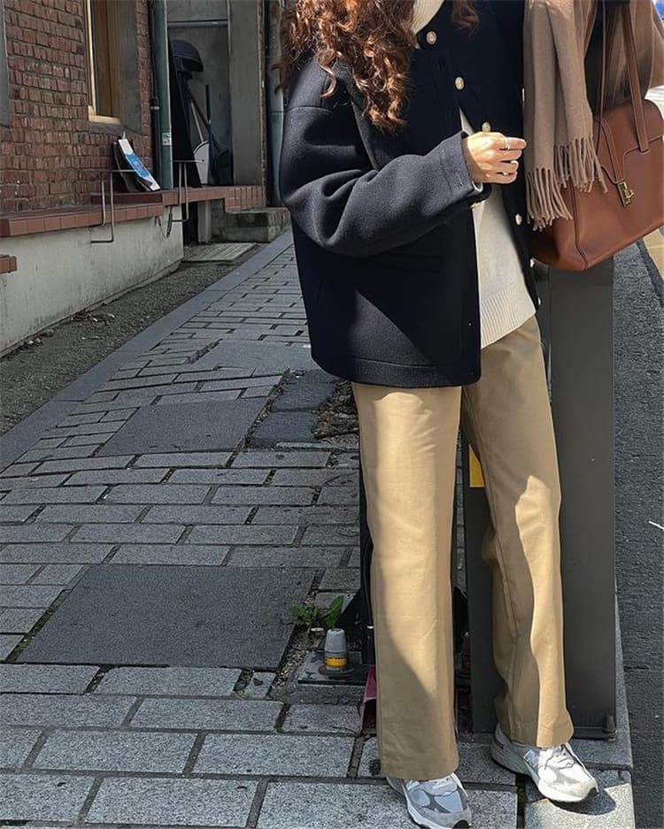 ネイビーコーデ レトロ風丸首長袖アウター金属ボタン付きネイビーコート