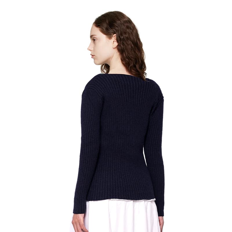 ネイビーコーデ リブ編み フリルカラー ニット