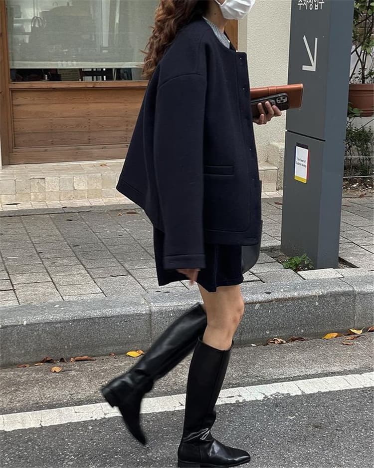 ネイビーコーデ レトロ風丸首長袖アウター金属ボタン付きネイビーコート