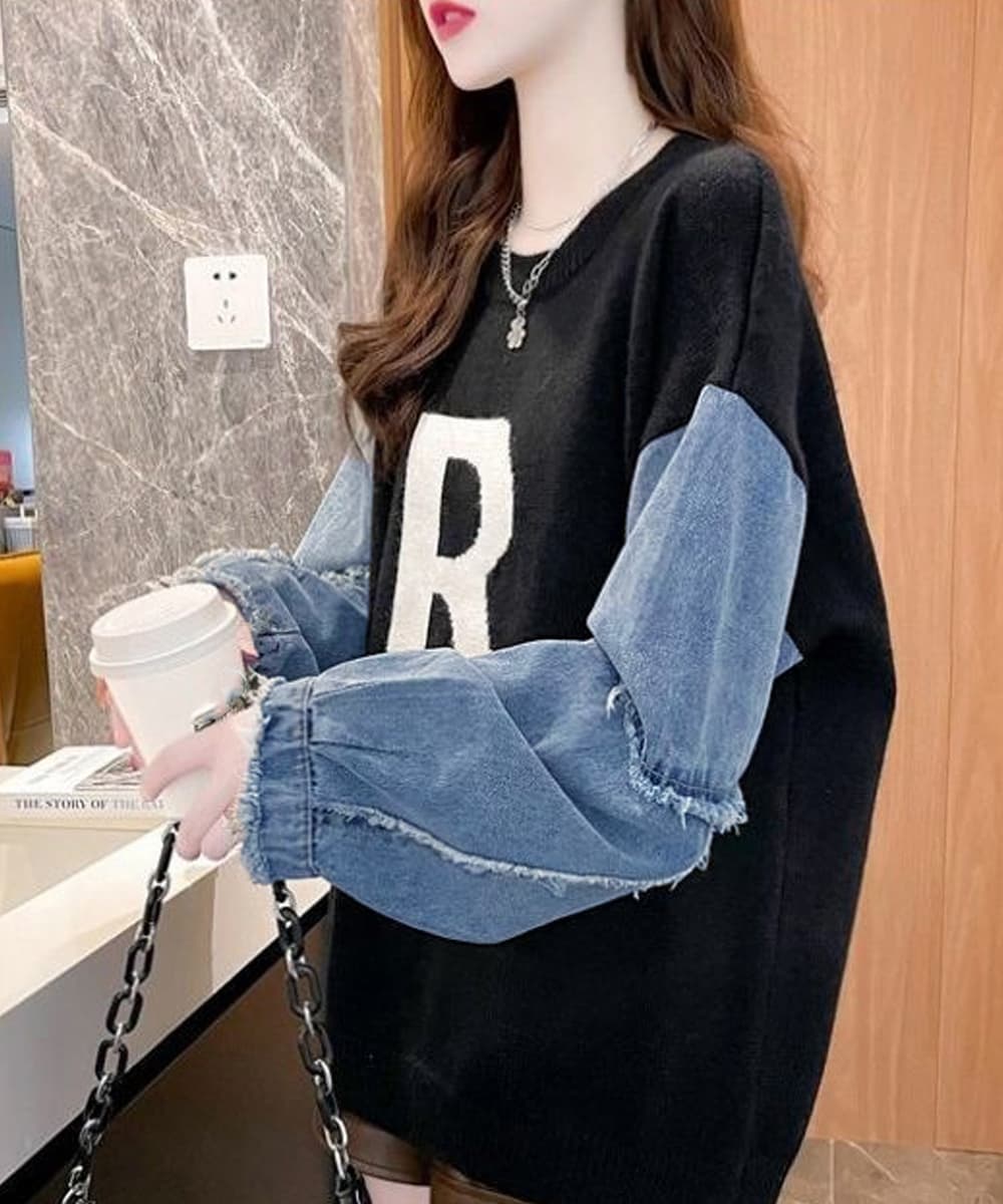 ネイビーコーデ 重ね着風ニットトップス デニム袖切り替えプルオーバー