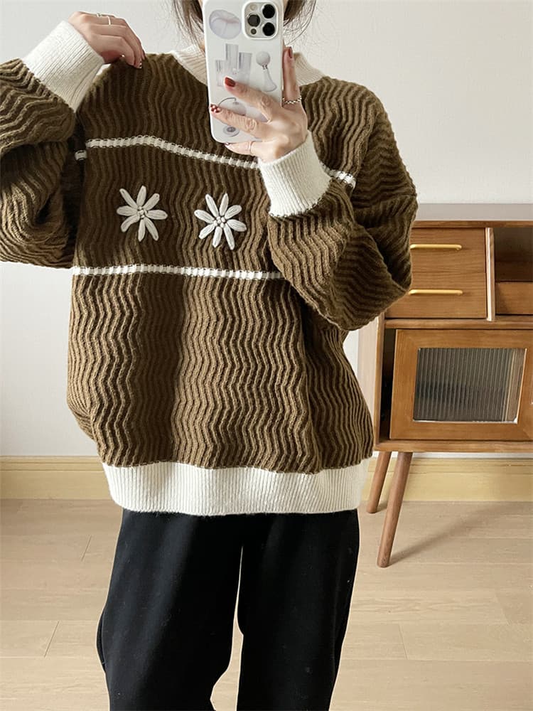 ネイビーコーデ 花柄プリントニットセータートップス ゆったりカジュアル