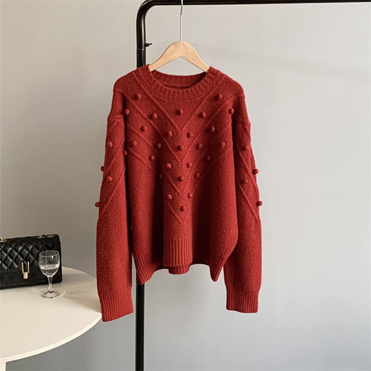 ネイビーコーデ 冬の暖かい厚手立体パール装飾トップス長袖ニット