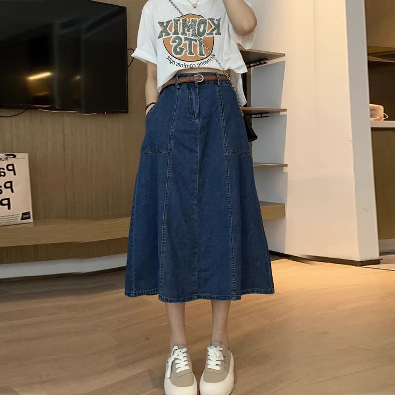 ネイビーコーデ デニムロングフレアスカート