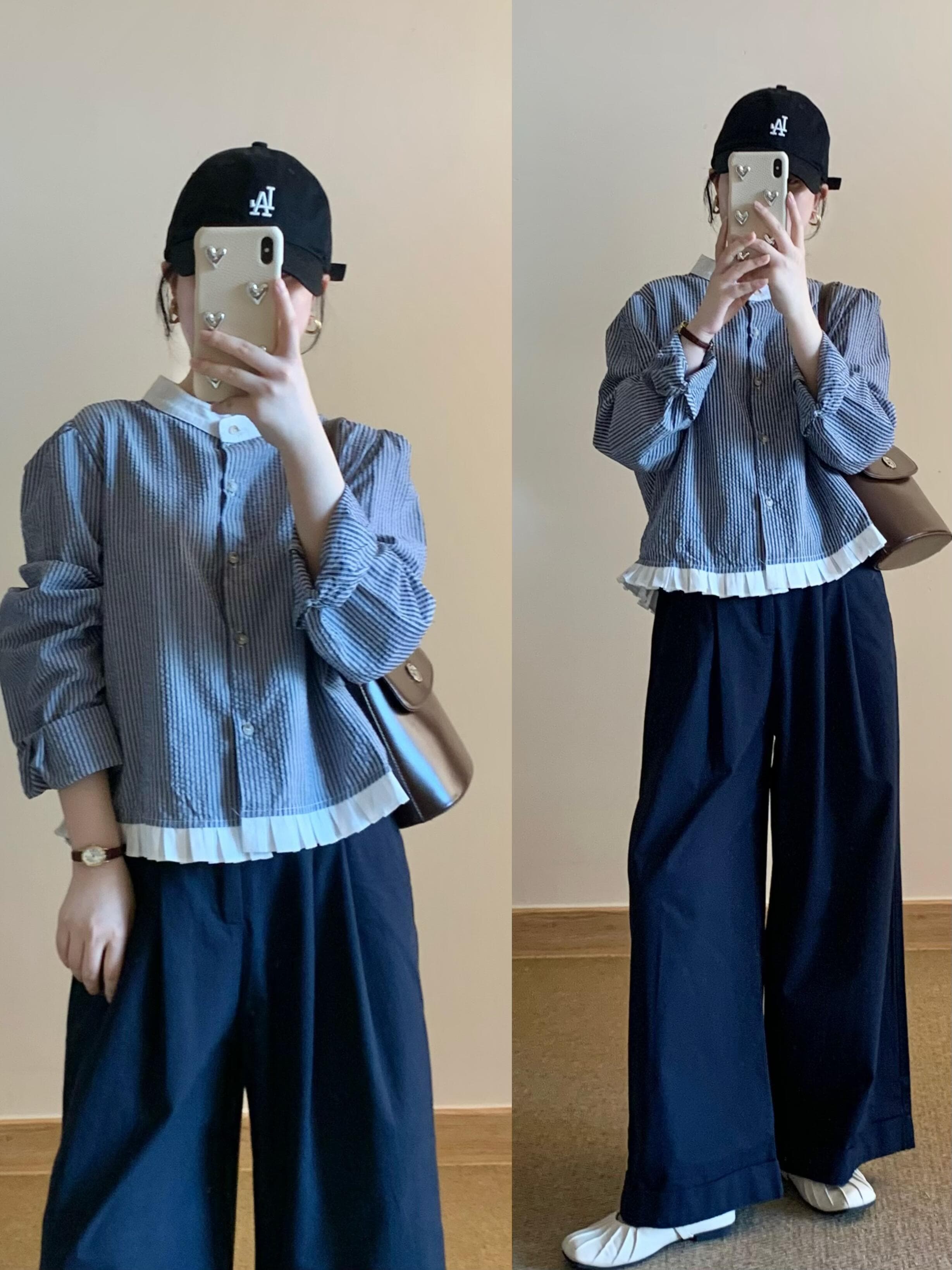 ネイビーコーデ ゆったりワイドロングパンツ