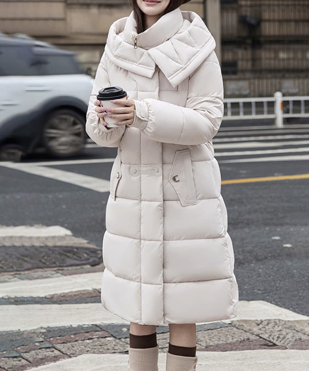 ネイビーコーデ フード付き中綿ロング丈防寒アウター