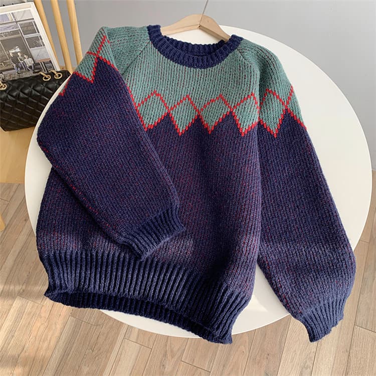 ネイビーコーデ 幾何学模様ニットセーター レトロ風トップス