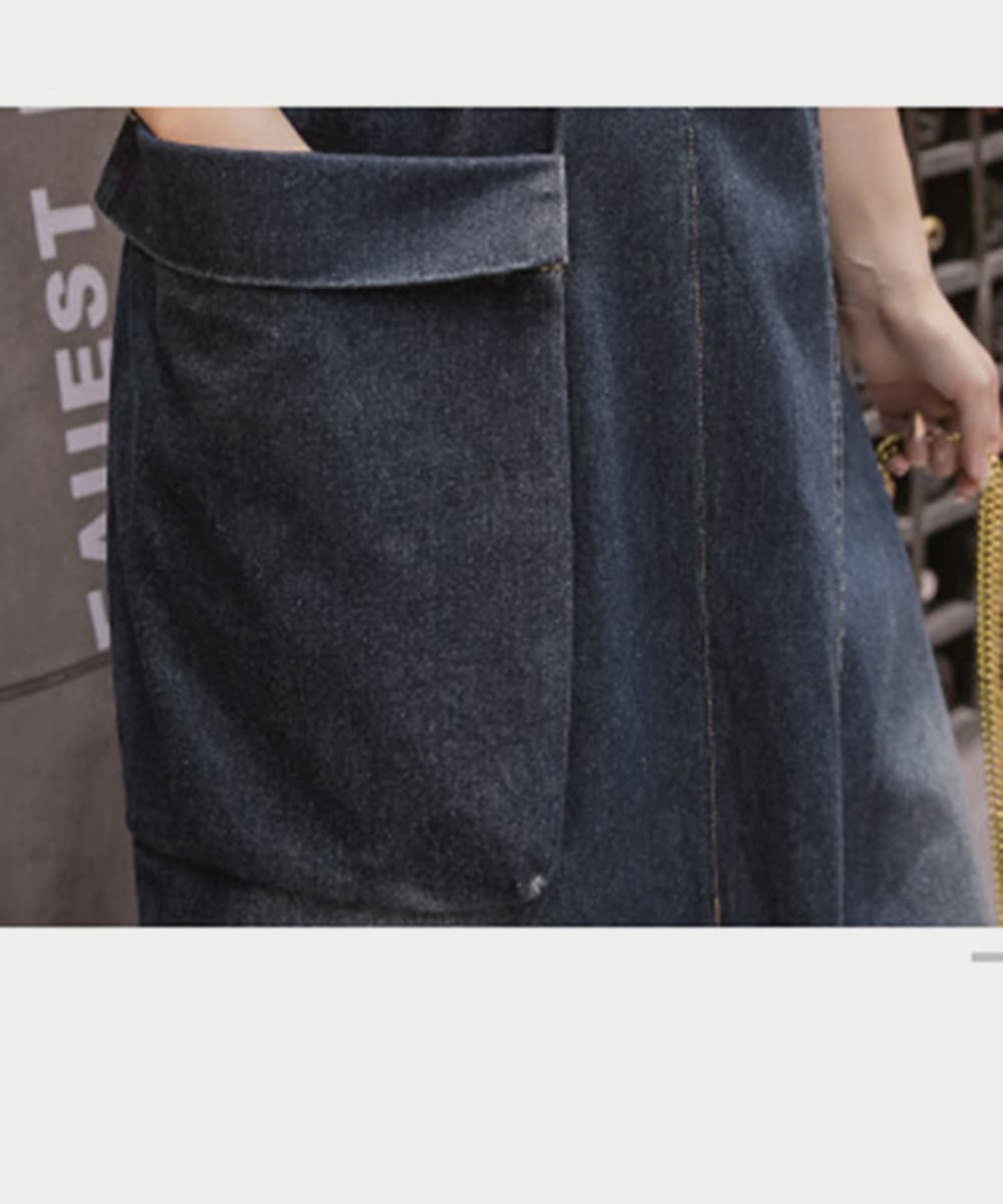 ネイビーコーデ デニムサロペットワンピース ロング丈 体型カバー ドレス