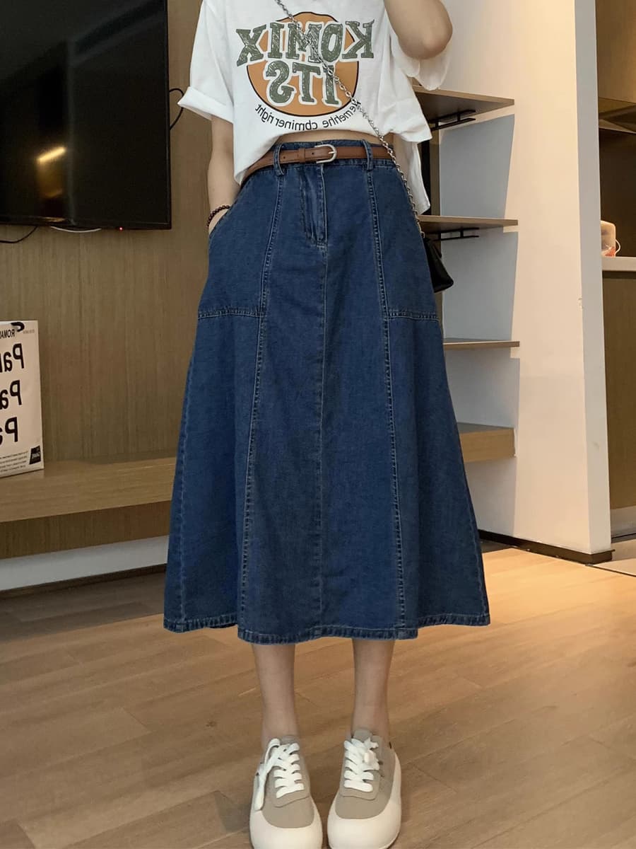 ネイビーコーデ デニムロングフレアスカート