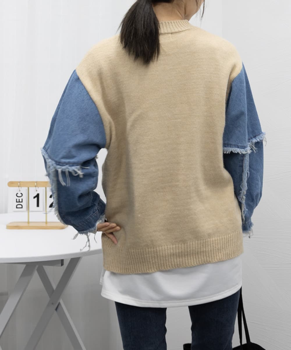 ネイビーコーデ 重ね着風ニットトップス デニム袖切り替えプルオーバー