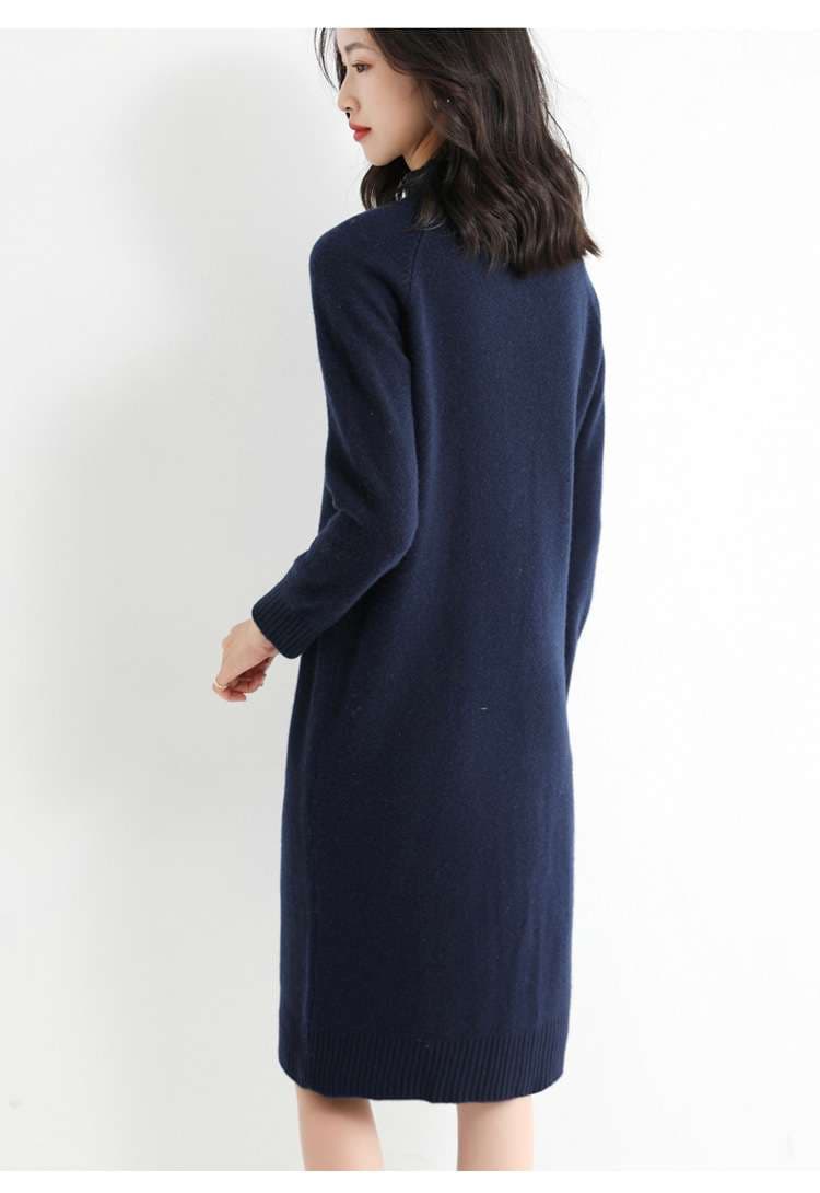 ネイビーコーデ 上質カシミヤ ワンピース モックネック