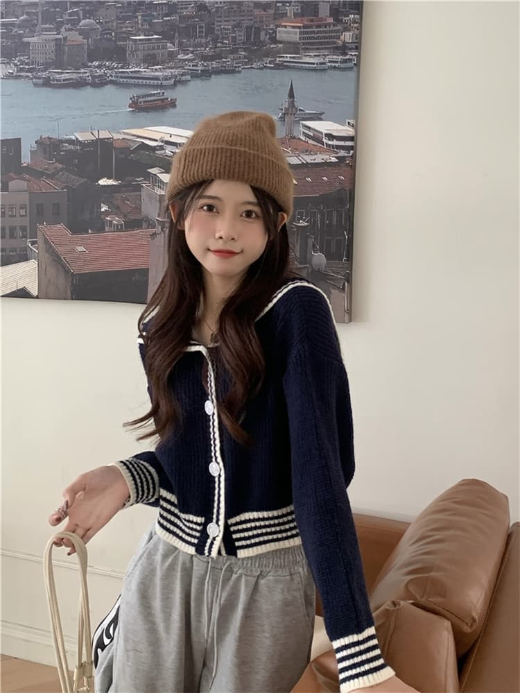 ネイビーコーデ 学院風ゆったりニットカーディガン トップス レディース