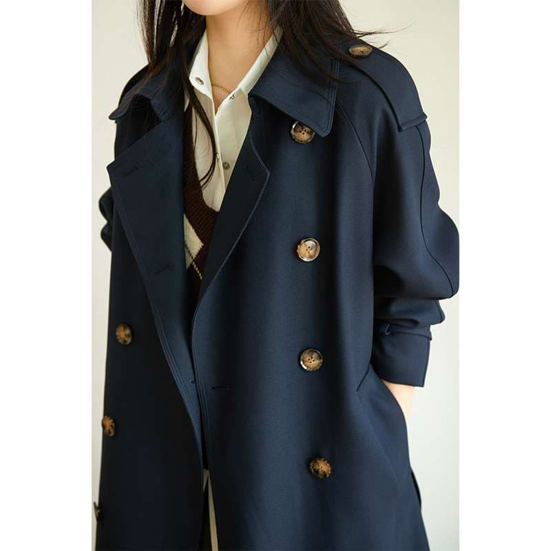 ネイビーコーデ トレンチ風 ベルト付きロングコート