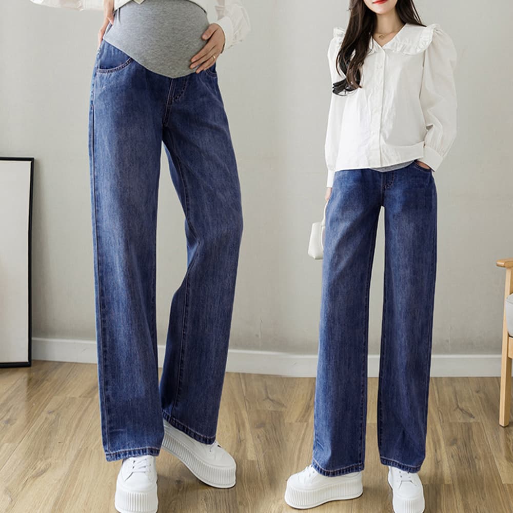 ネイビーコーデ 妊婦用デニムワイドパンツ 調節機能付マタニティパンツ