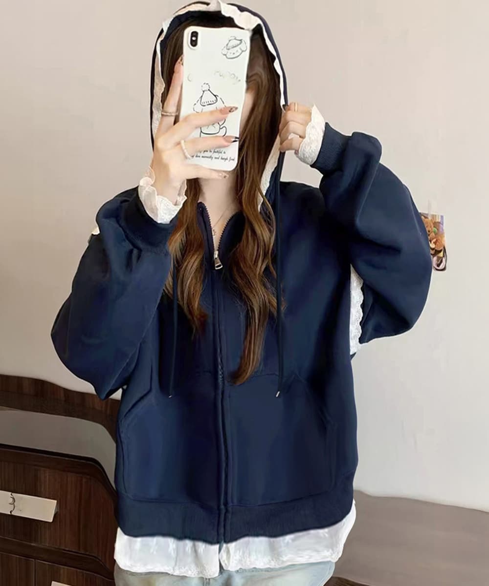 ネイビーコーデ レース切り替え前開きトップス韓国風ゆったりパーカー