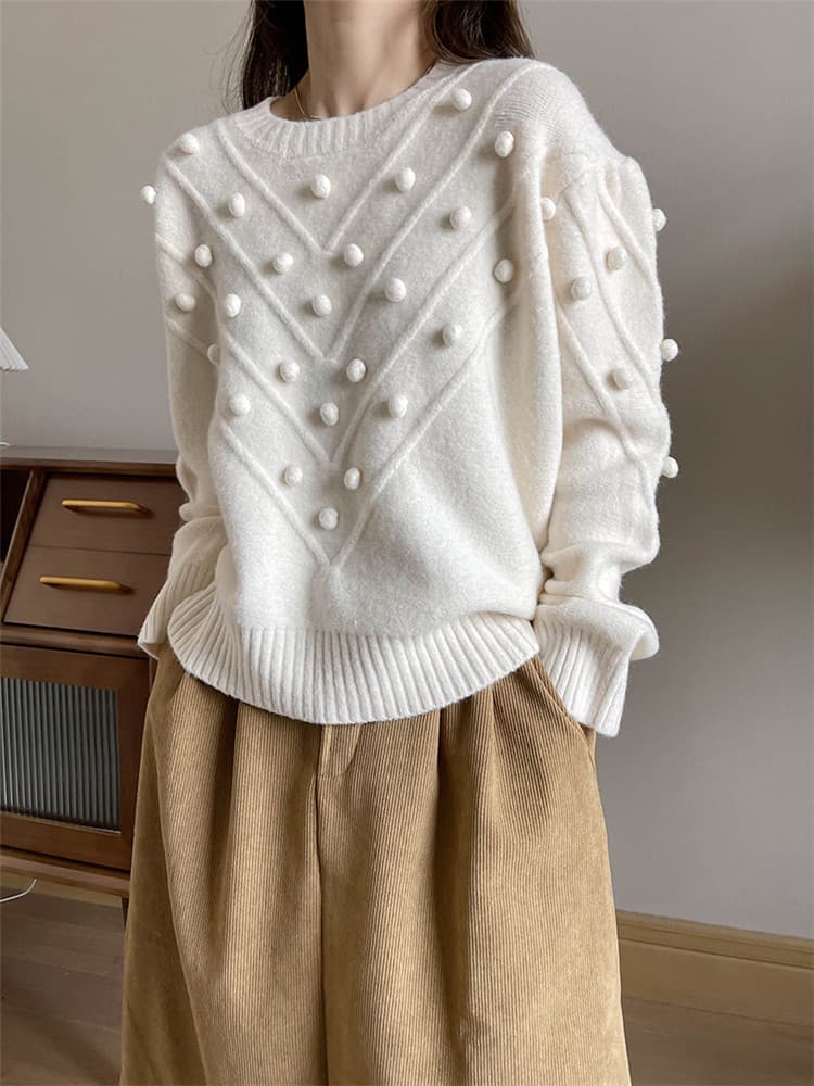 ネイビーコーデ 冬の暖かい厚手立体パール装飾トップス長袖ニット