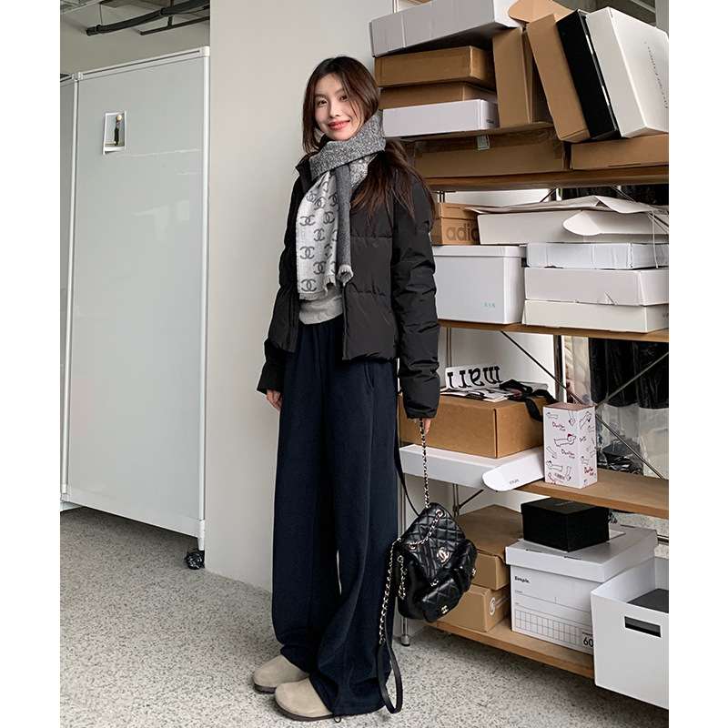 ネイビーコーデ ドレープストレートワイドパンツ