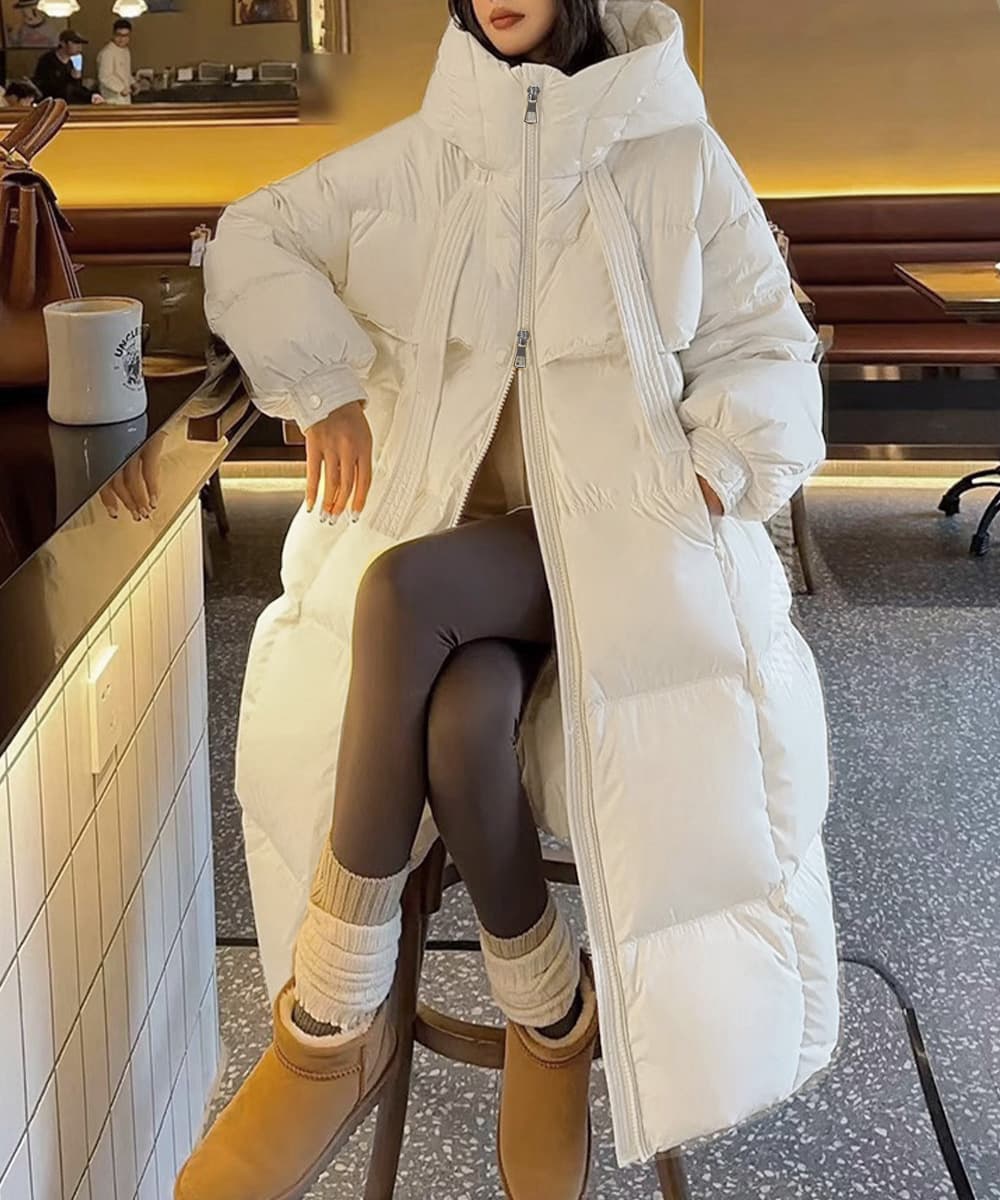 ネイビーコーデ フード付き中綿ロングコート レディース 冬アウター