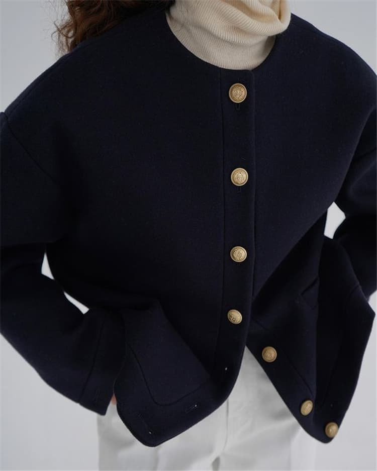 ネイビーコーデ レトロ風丸首長袖アウター金属ボタン付きネイビーコート