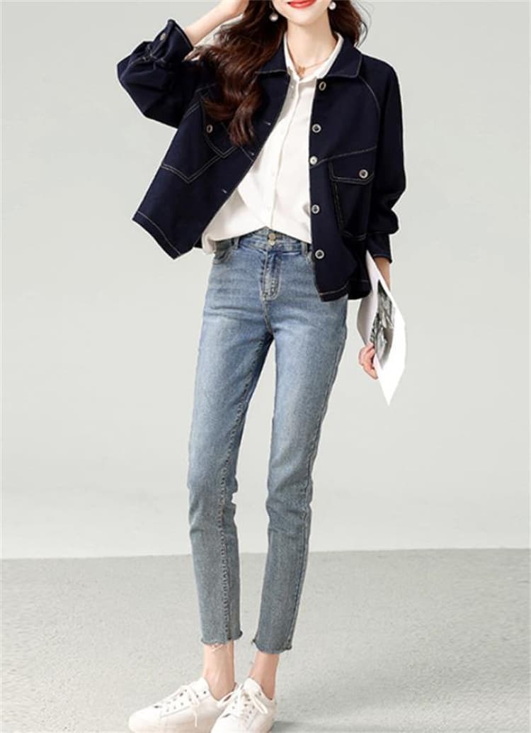 ネイビーコーデ レディース ネイビー アウター ジャケット レトロ風 ショート丈 コート