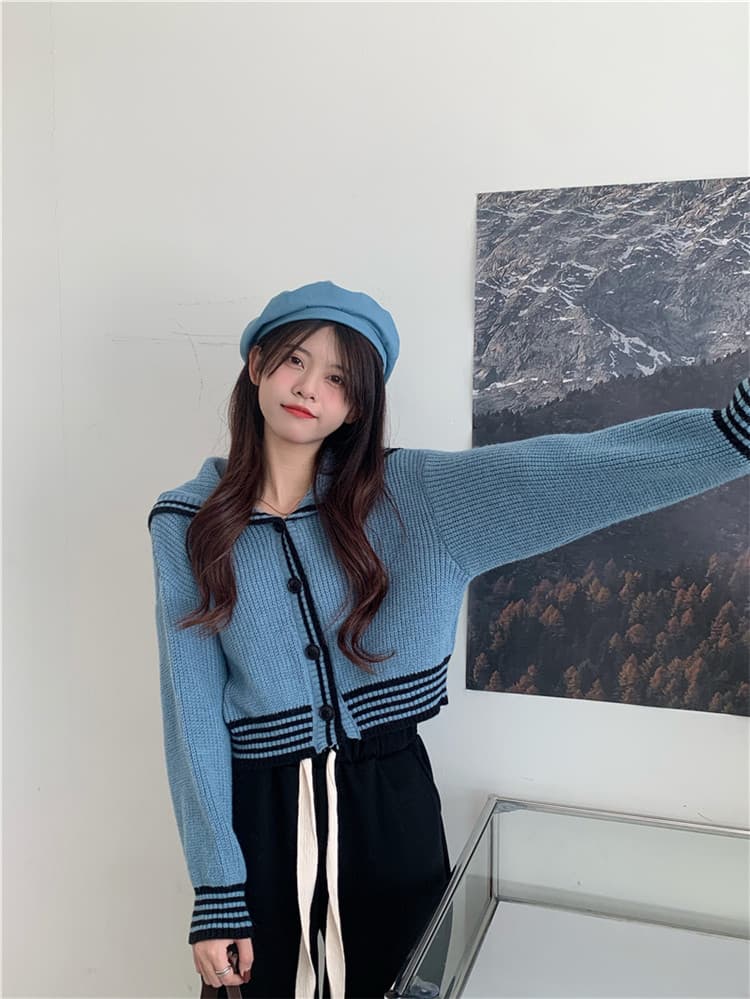 ネイビーコーデ 学院風ゆったりニットカーディガン トップス レディース