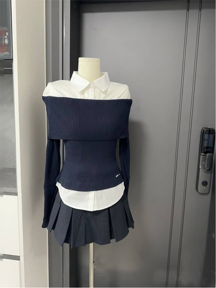 ネイビーコーデ スクールガール風オフショルスタイルで清楚＆おしゃれに
