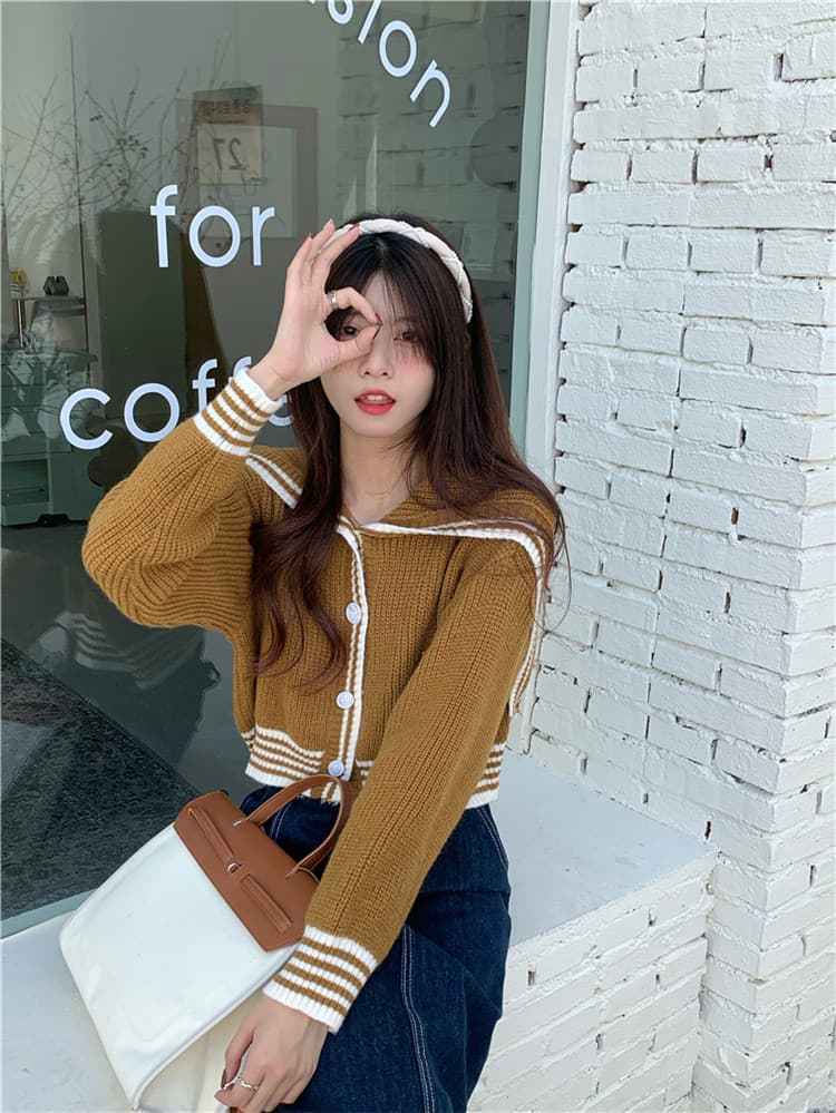 ネイビーコーデ 学院風ゆったりニットカーディガン トップス レディース