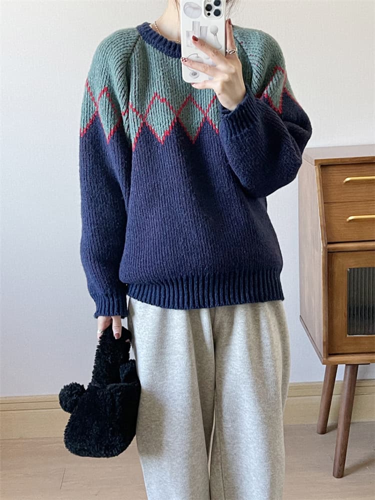 ネイビーコーデ 幾何学模様ニットセーター レトロ風トップス