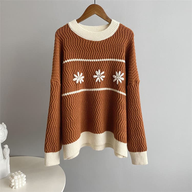 ネイビーコーデ 花柄プリントニットセータートップス ゆったりカジュアル