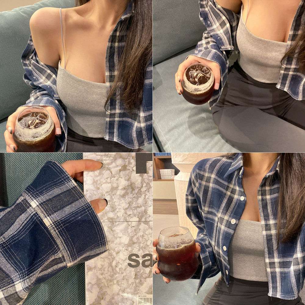 ネイビーコーデ くつろぎチェック柄シャツブラウス