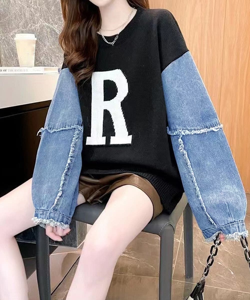 ネイビーコーデ 重ね着風ニットトップス デニム袖切り替えプルオーバー