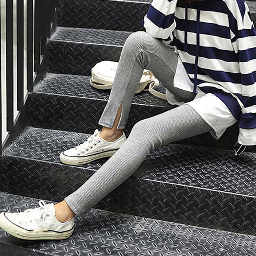 ネイビーコーデ サイドスリット リブレギンス パンツ 美脚 韓国風