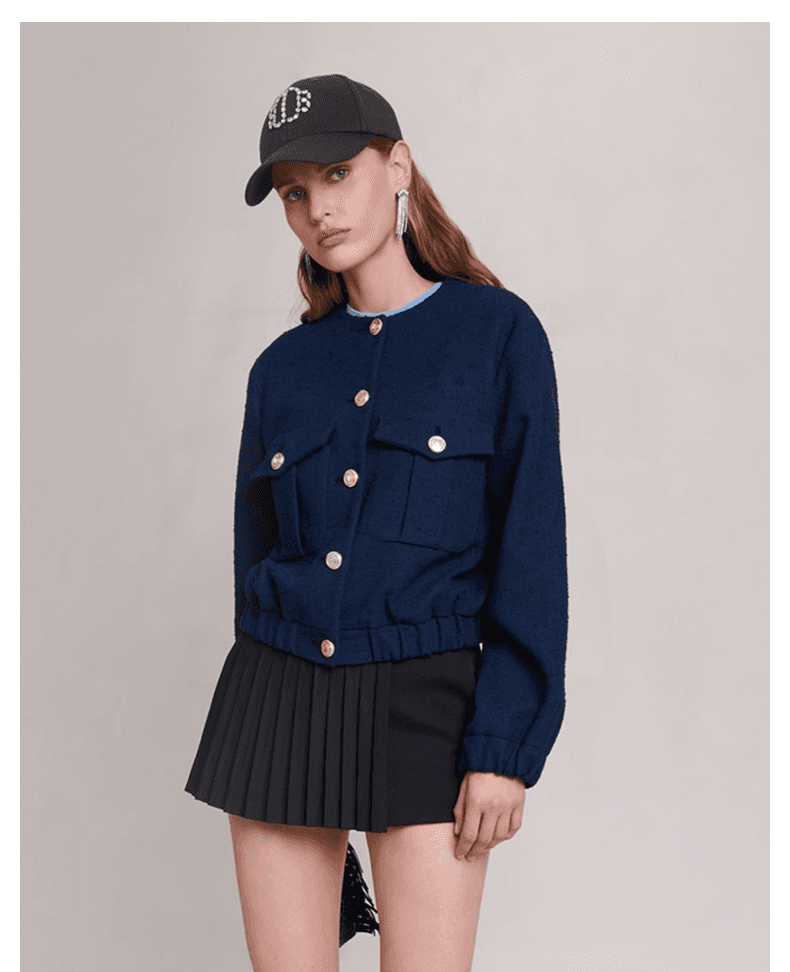 ネイビーコーデ フロントボタンラウンドネックジャケット