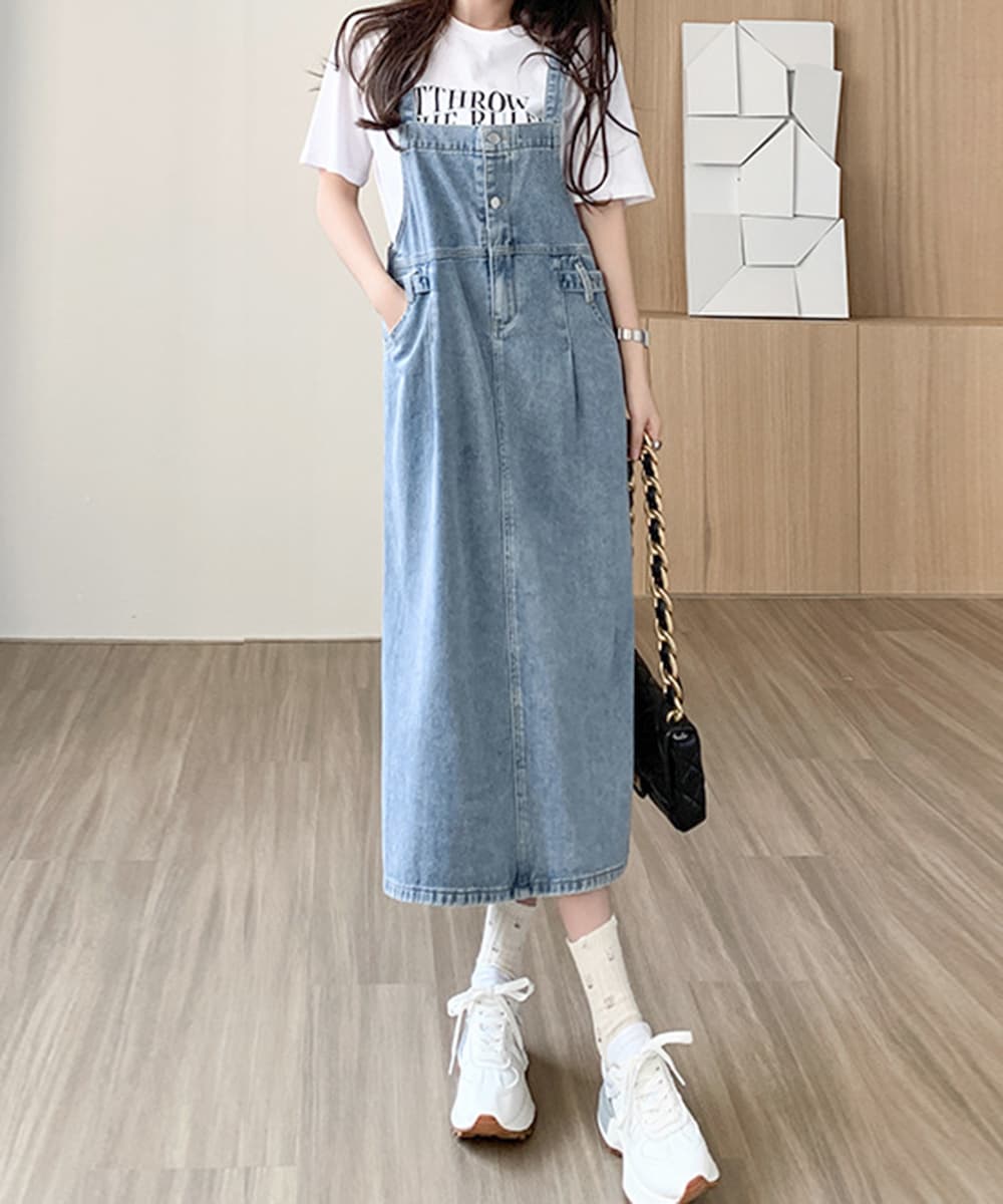 ネイビーコーデ 体型カバー デニム サロペット ワンピース ドレス