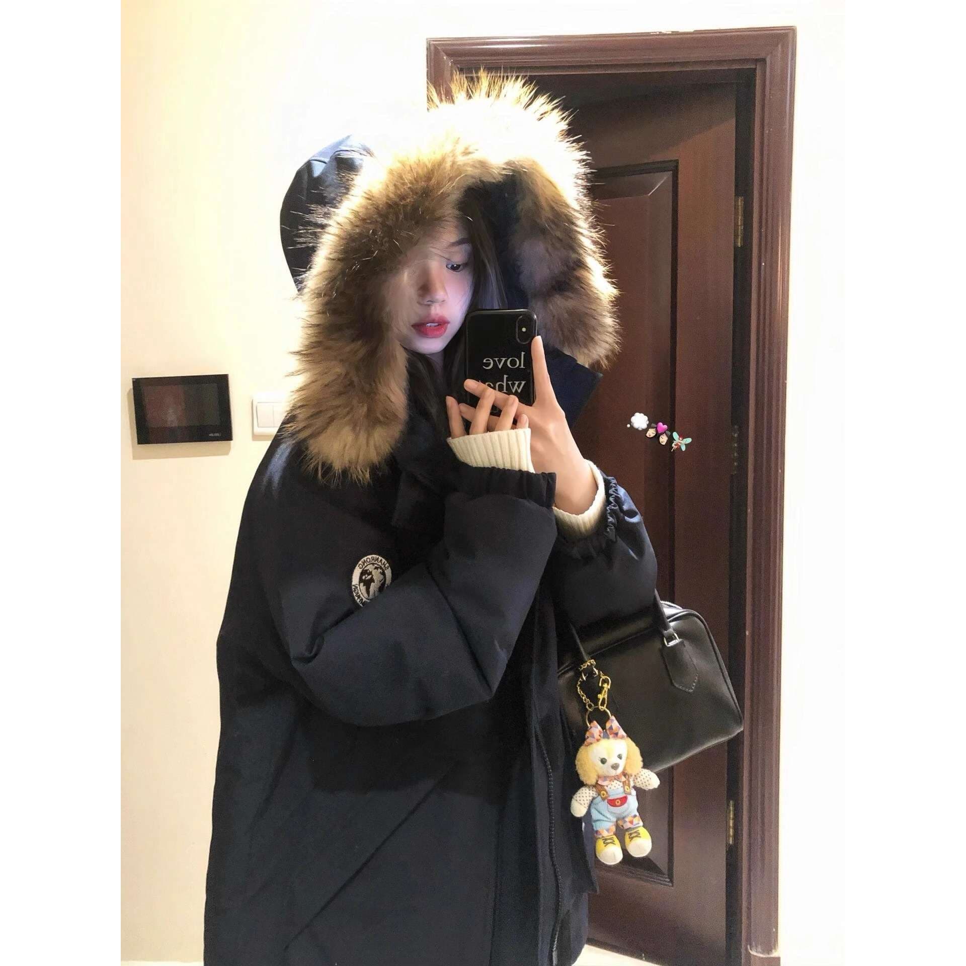 ネイビーコーデ あったか毛皮フード付きダウンコート