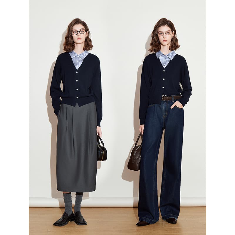 ネイビーコーデ 上品シンプル リブニット カーディガン