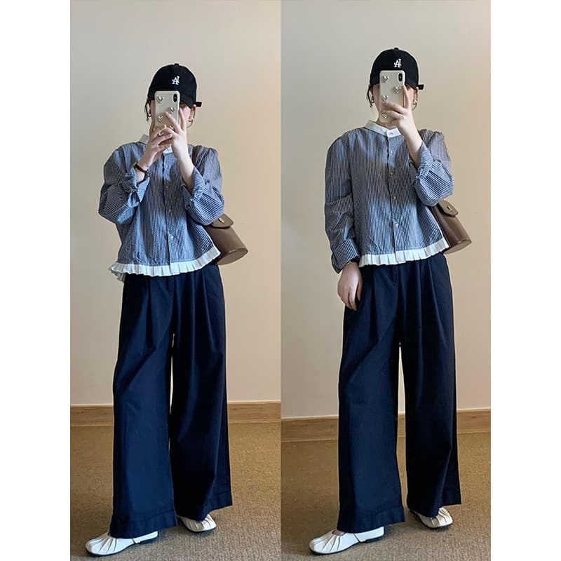 ネイビーコーデ ゆったりワイドロングパンツ