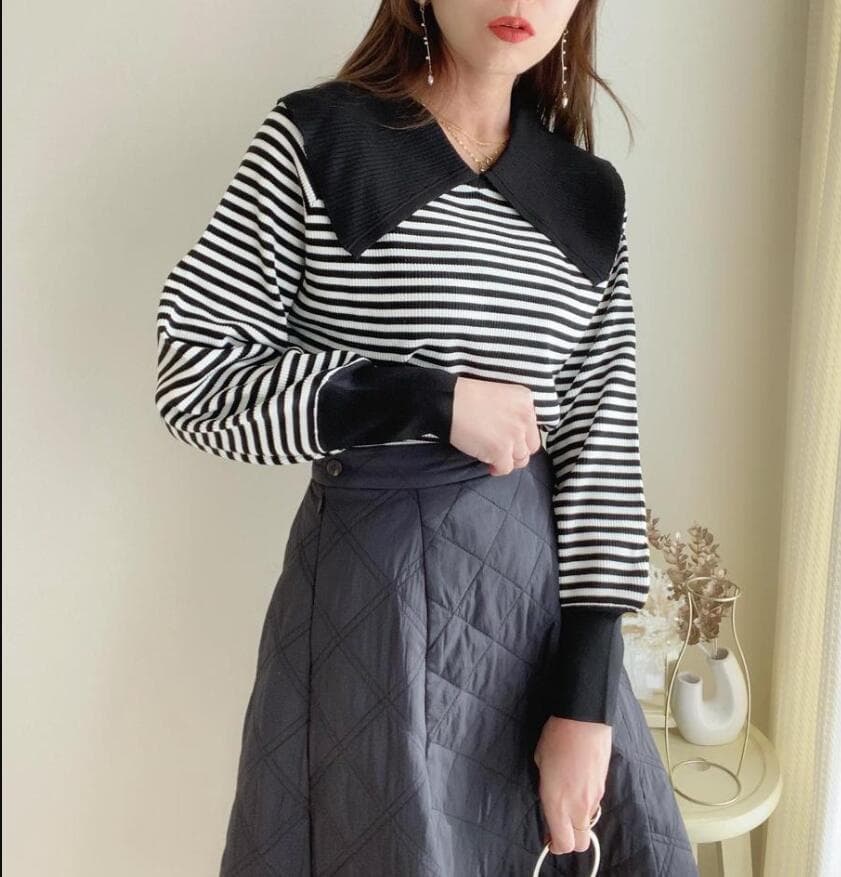 ネイビーコーデ ビッグカラーニットプルオーバー