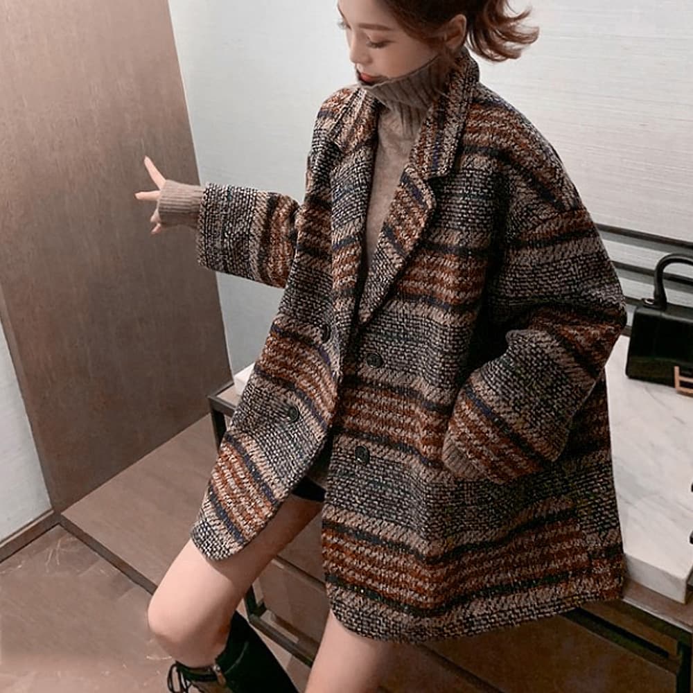 ネイビーコーデ ネイビー系チェック柄アウター レディース秋冬コート