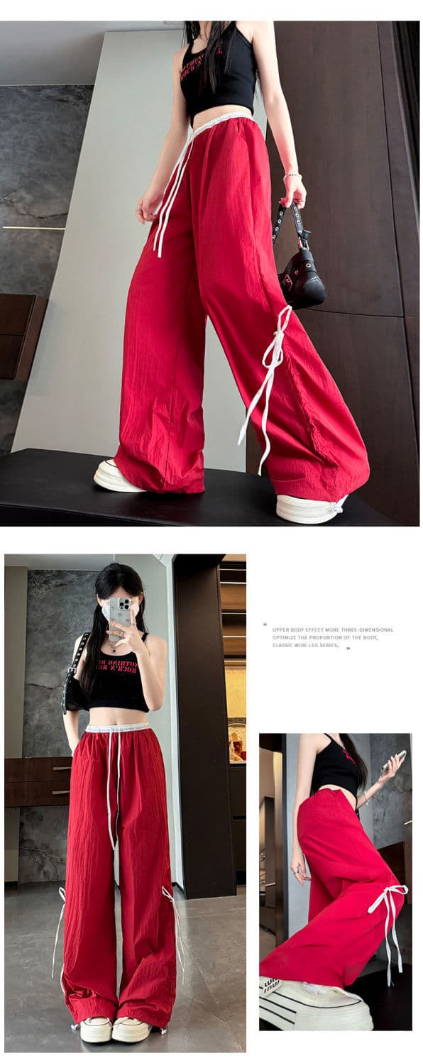 ネイビーコーデ リボンデザイン ワイドストレートパンツ