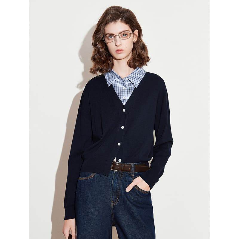 ネイビーコーデ 上品シンプル リブニット カーディガン