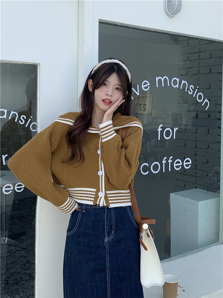 ネイビーコーデ 学院風ゆったりニットカーディガン トップス レディース