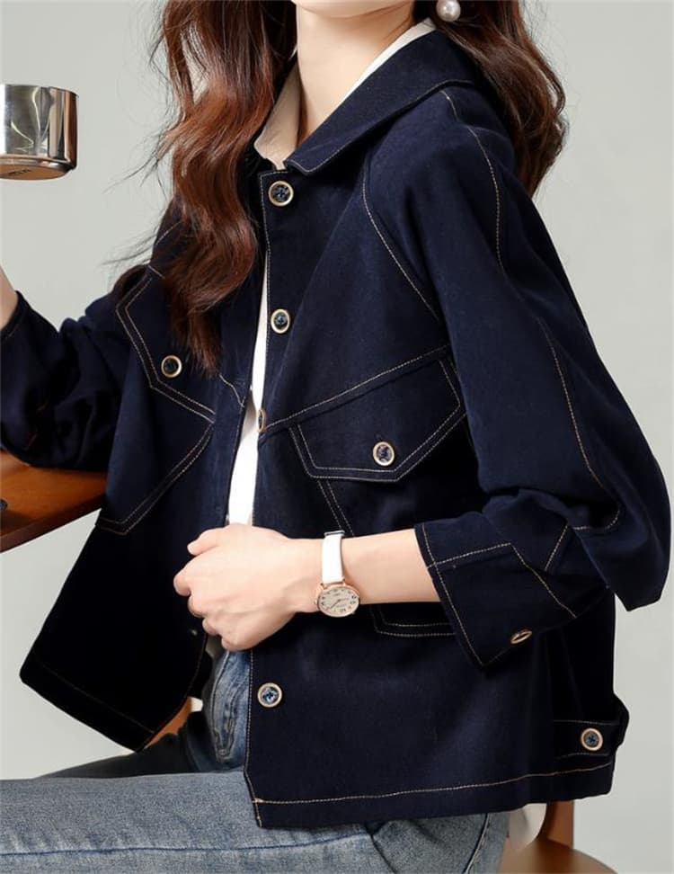 ネイビーコーデ レディース ネイビー アウター ジャケット レトロ風 ショート丈 コート
