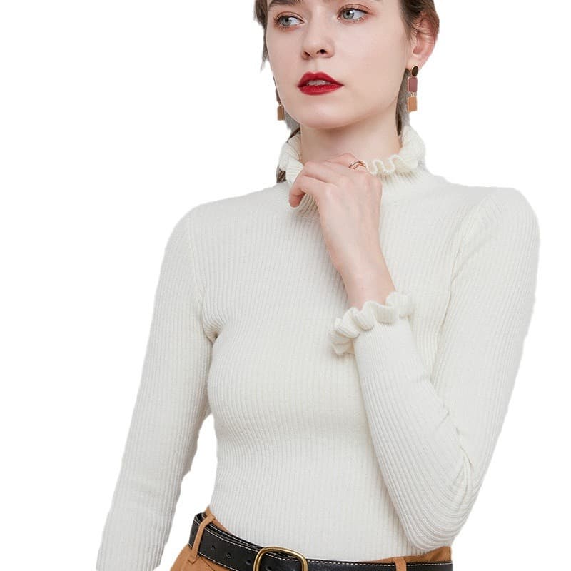 ネイビーコーデ フリル襟リブニットプルオーバー