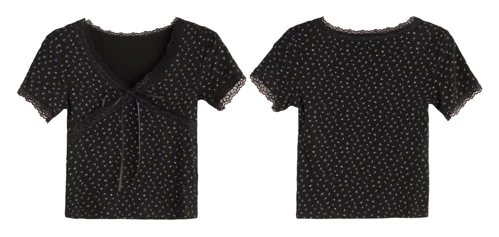 ネイビーコーデ 小花柄シフォン切替カットソー